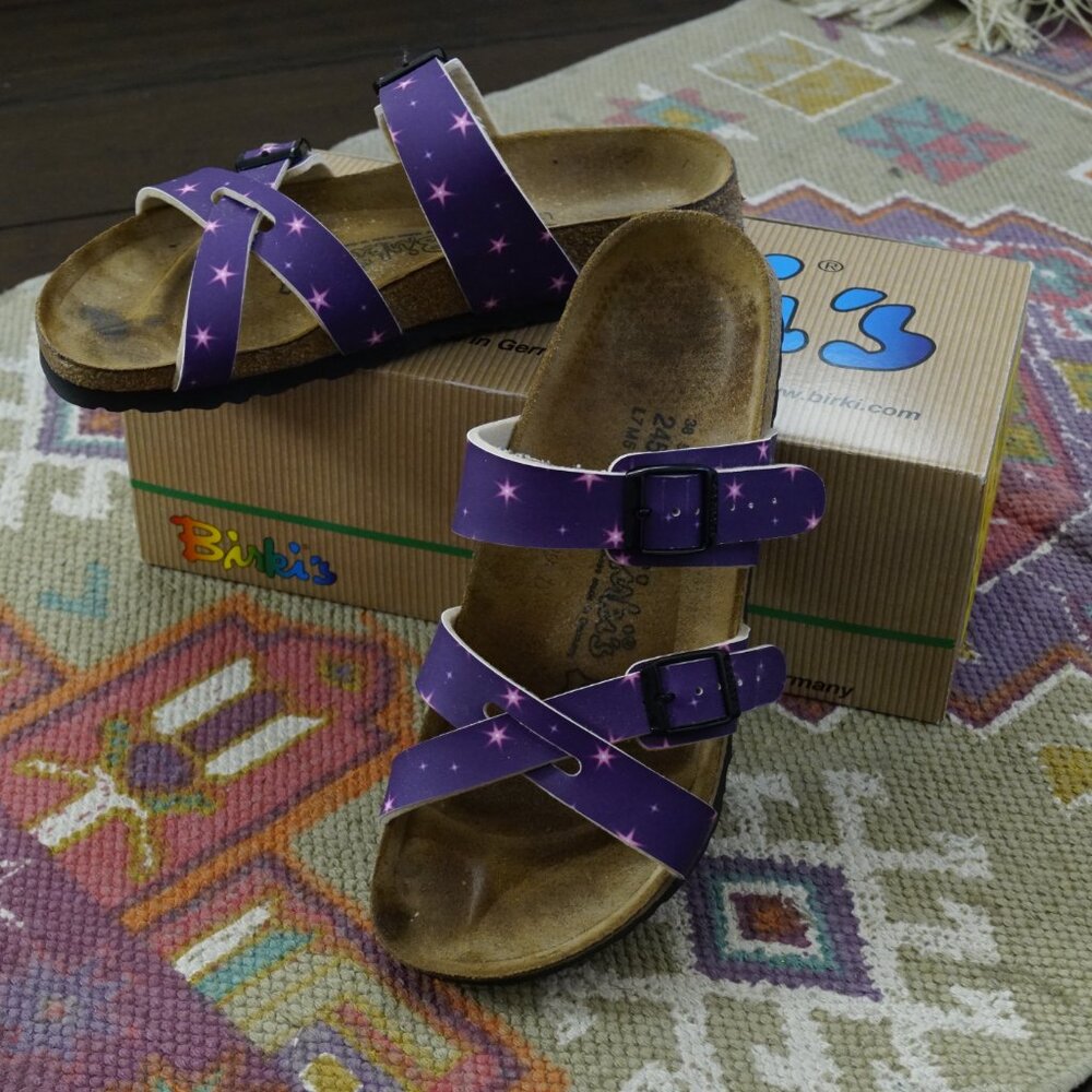 Birki's Nepal Purple with Stars Patterned Genuine Leather German Sandals, Size 7
